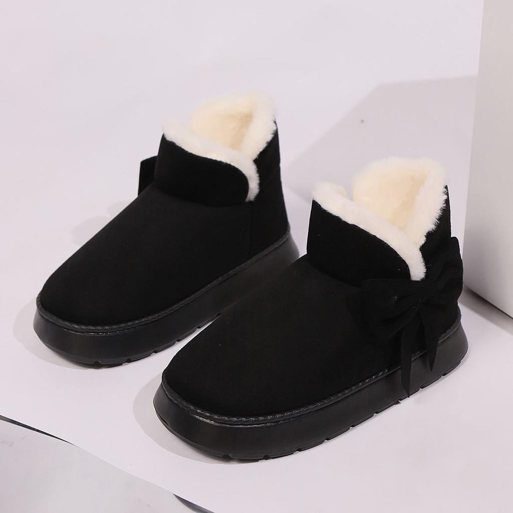 Cozy Plush-Lined Winter Snow Boots for Men and Women - Elegant Bow Detail, Soft Sole, Indoor/Outdoor Fashion Slippers