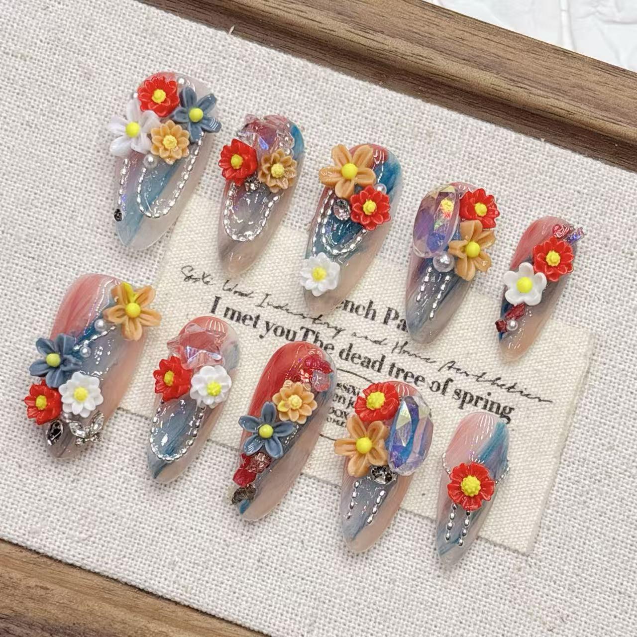 Colorful Pastoral Almond Handmade Nail Art - Fresh Summer Style