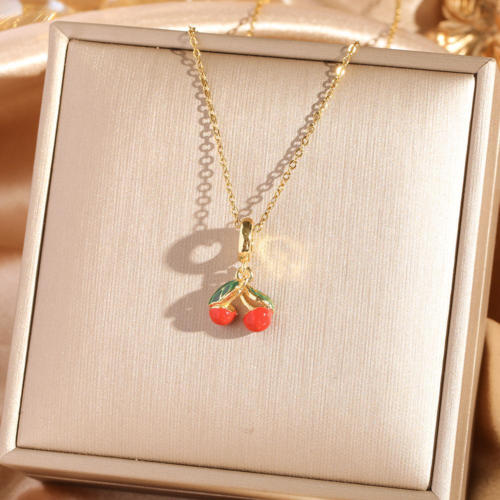 Fashion Zircon Cherry Pendant Titanium Steel Necklace Women's Collarbone Chain Jewelry