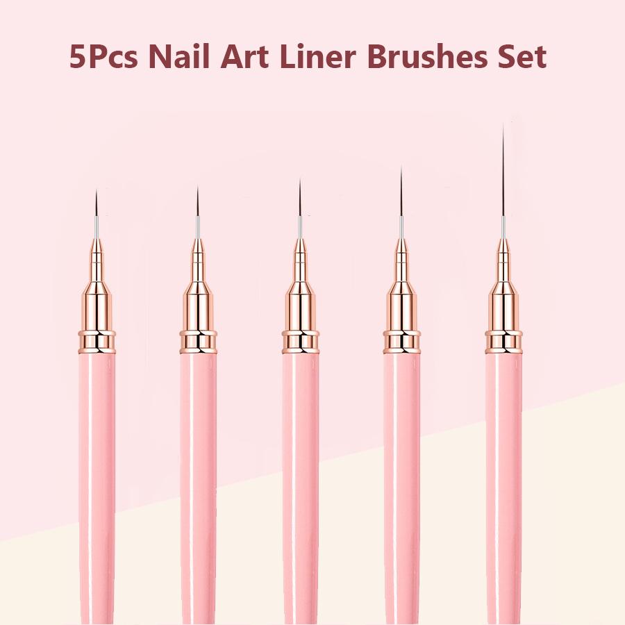 5Pcs Nail Art Liner Brush Set, French Stripe Line Painting Drawing Flower Pen for Acrylic & Gel Polish Manicure Tool