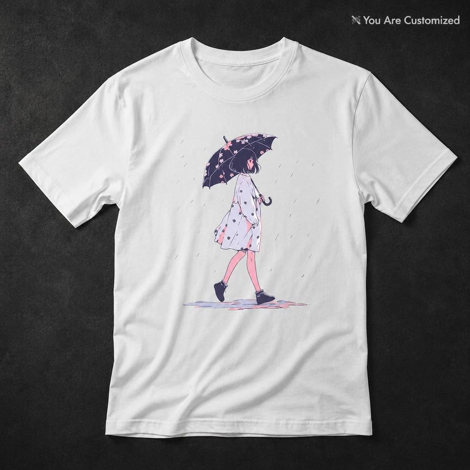 Anime Girl Umbrella Graphic T Shirt Black Unisex Rainy Day Manga Style Tee 2 3XL