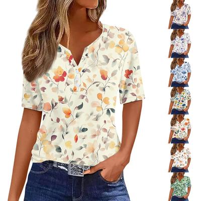 Damenmode Lässig Vintage Blumendruck V-Ausschnitt Kurzarm Dekorativer Knopf T-Shirt Tops