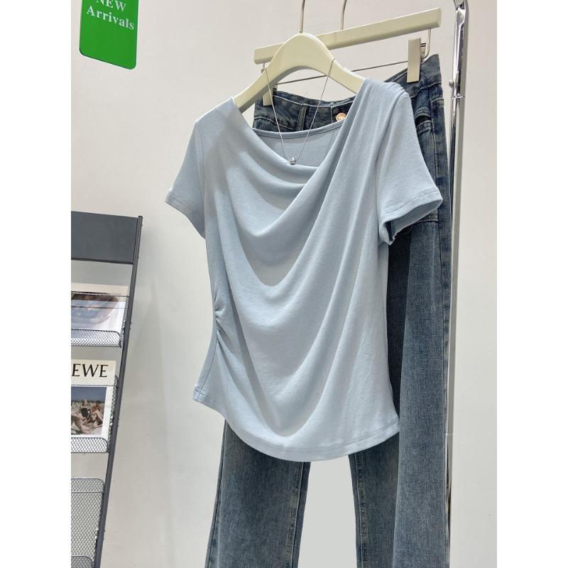 Women Gentle Style Irregular Pleated Cowl Neck Short Sleeve Slim Fit T Shirt S синий
