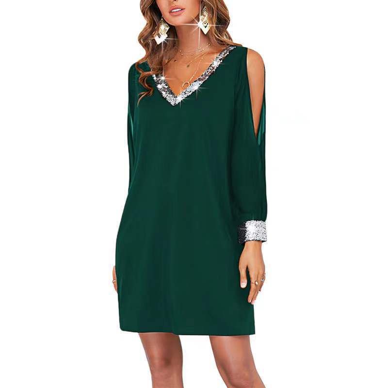 Women's off-the-Shoulder Sleeves Casual Fashion Dress Sequins