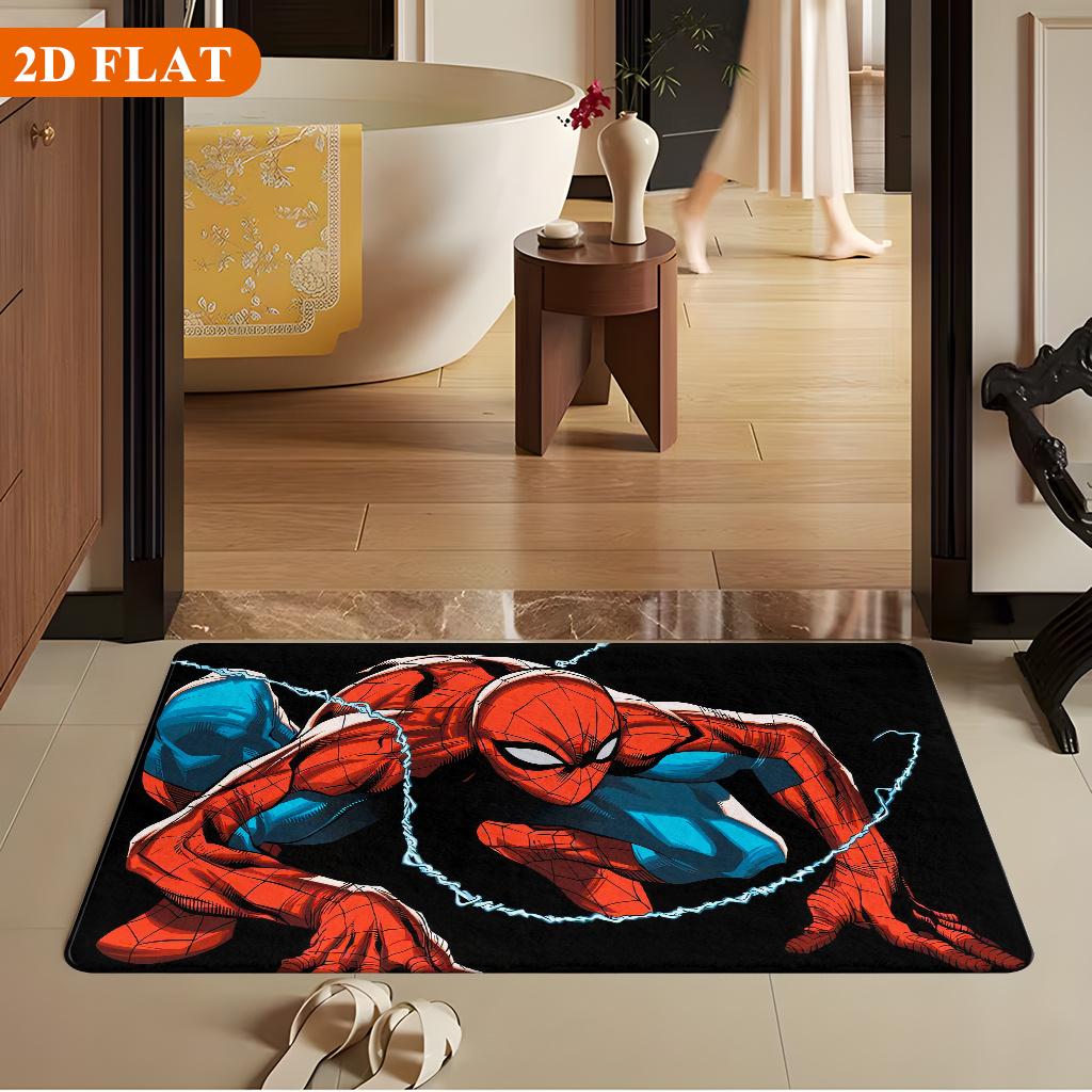Bath Mat 1pc, Spider- Crouching Pose, MARVEL Flannel Rectangular Mat, Bathroom Non-Slip Entrance Mat, Fun Door Decoration Mat,