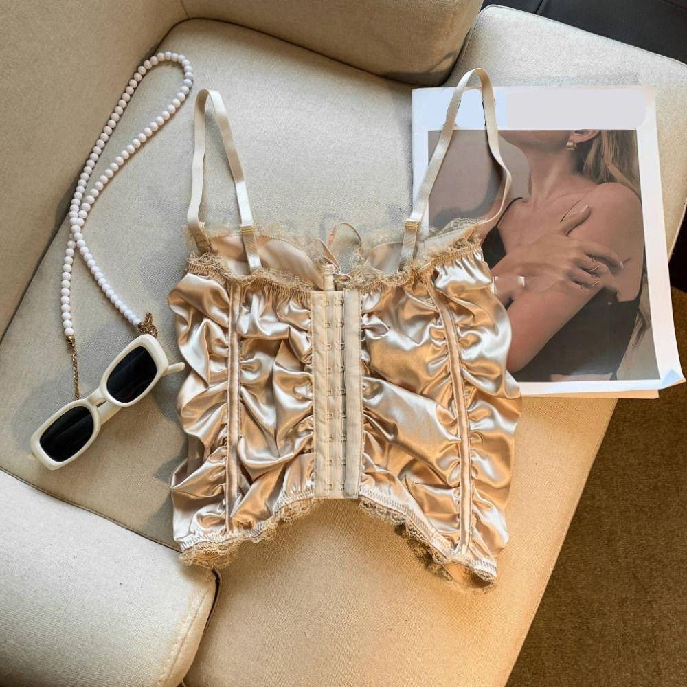 Mesh Transparent Lace Flower Camisole Ruffle Suspender Vest Satin Lace-up Corset  Spring Summer