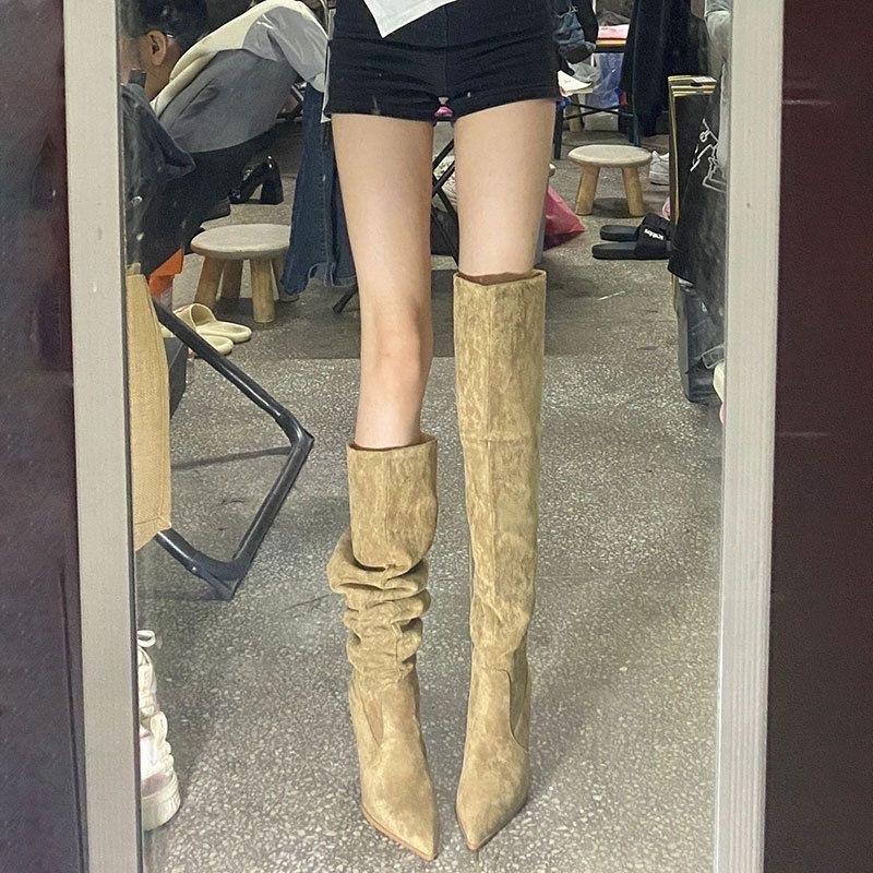 Modne Botki Skinny ze Szpicem Szpilka Wysokie Damskie Zamszowe Wiosenne i Jesienne Kozaki za Udo