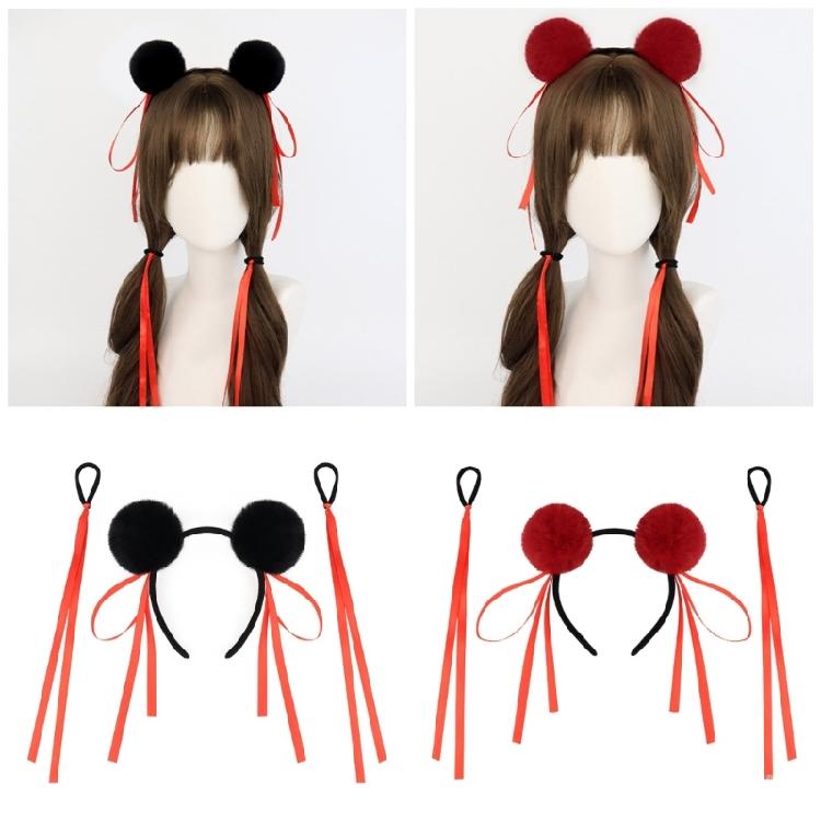 Fashionable Buns Headband Hair Tie With Soft Furry Pompoms Lovely Bowknot Buns Hairhoop For Casual and Cosplay Event