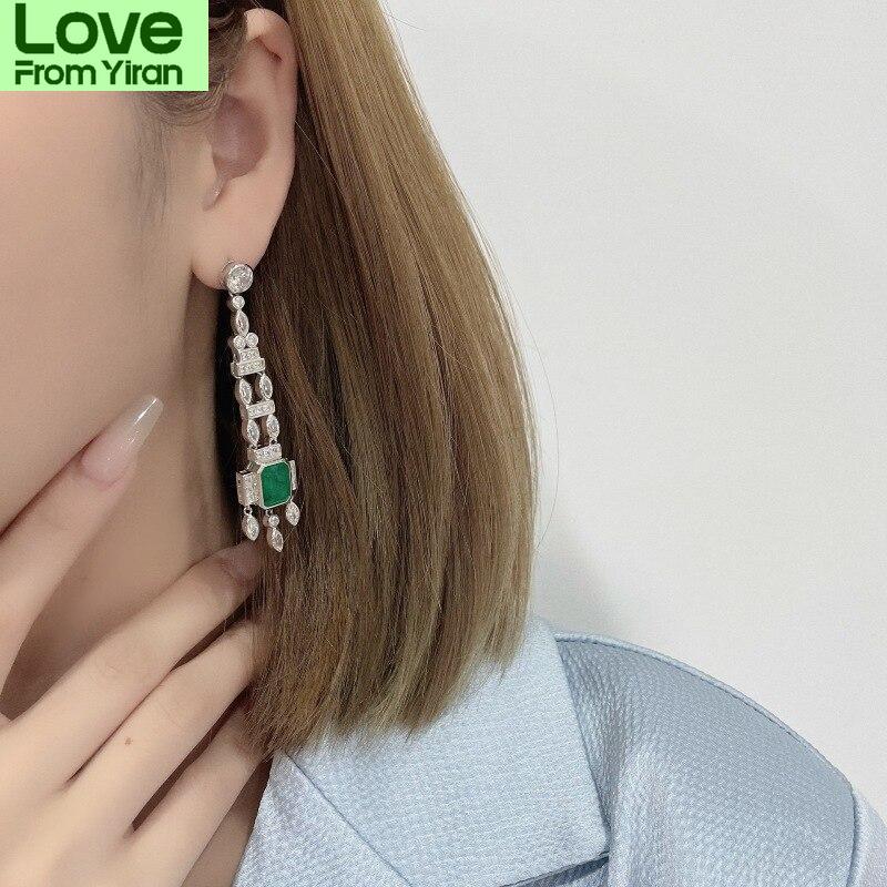 High End 100 Women % Tone Emerald Drop Earrings Sparkling High Carbon Diamond Wedding Occasion Gathering Bridal Event Party Event