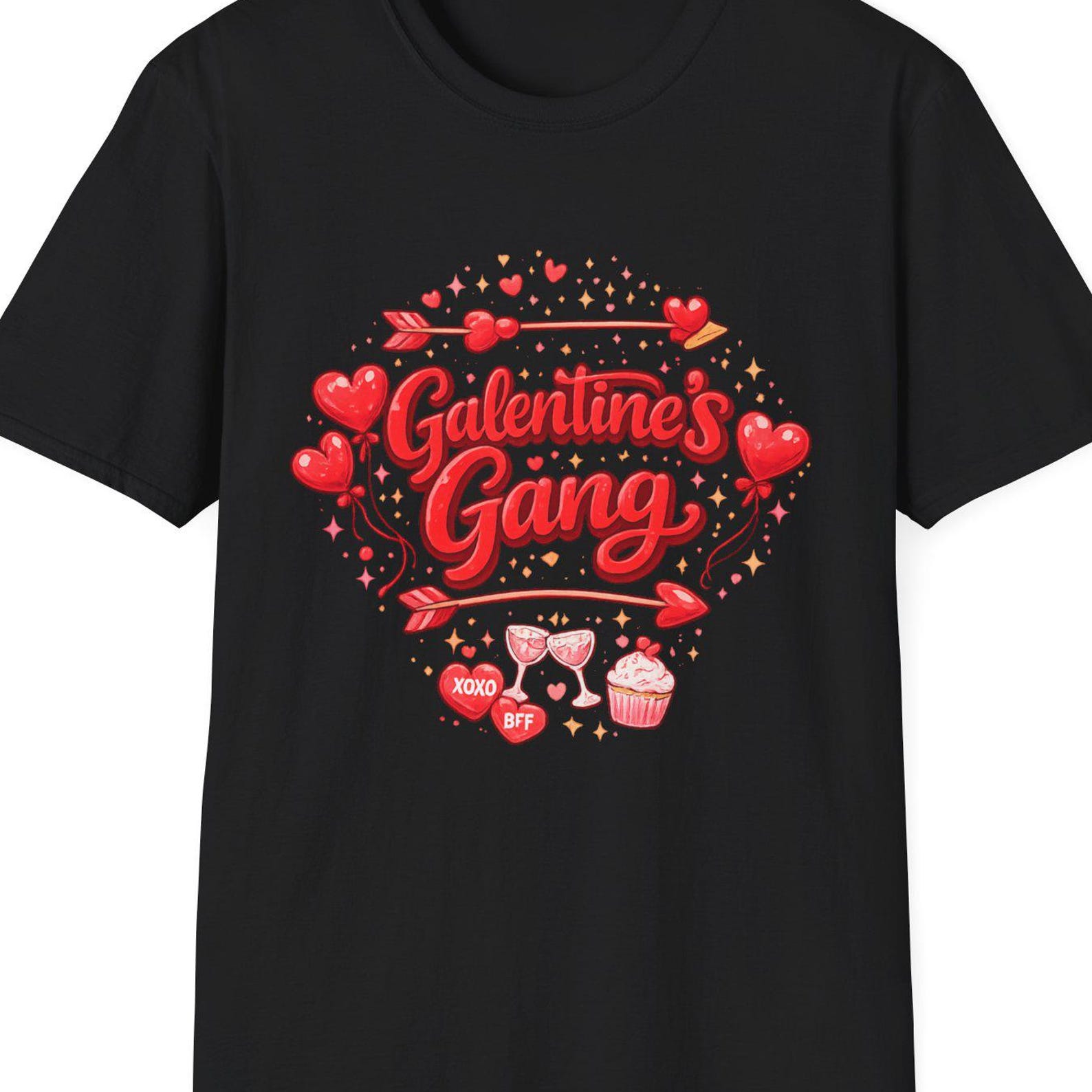 Galentine s Gang T-Shirt | Valentine s Day hearts, cupcakes, wine glass design S