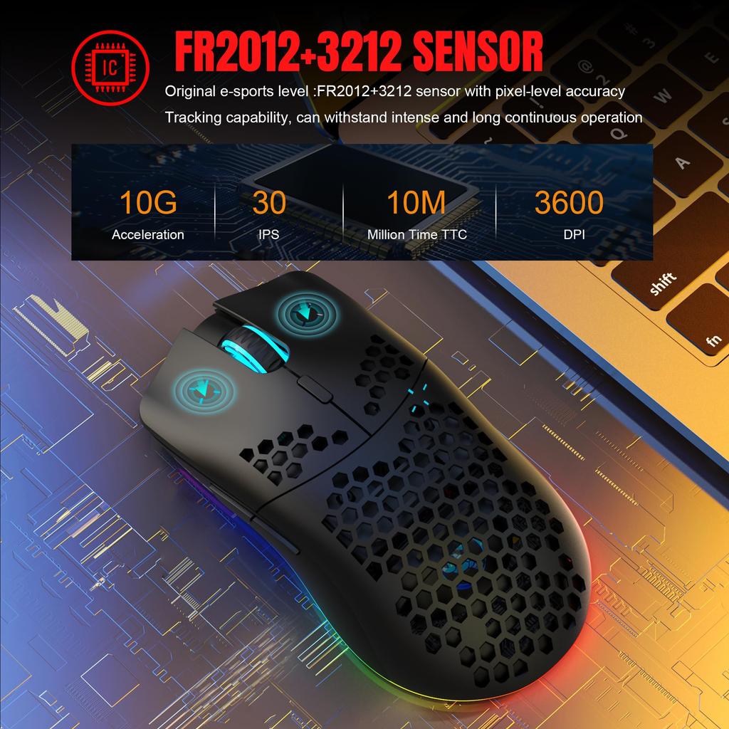 ZIYOU LANG T66 Wireless Gaming 1000Hz Reporter RGB DPI Black Mouse, Rate, 2.4G/Bluetooth 5.3/USB-C, Illumination, 5-Level Adjustment, 90g,