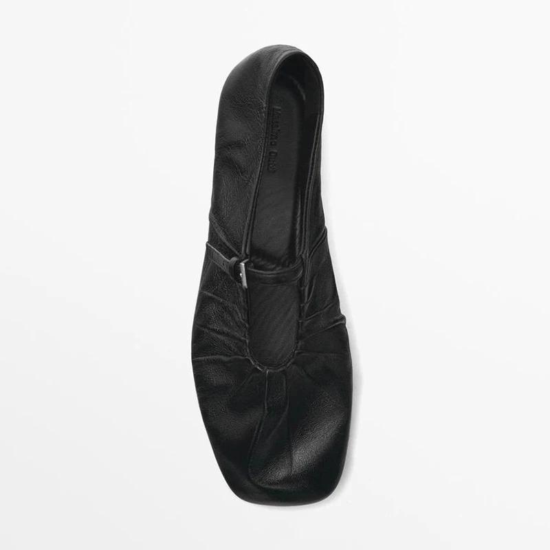 Fashion Women Ballet Flats Shoes Soft Full-Grain Leather Black Buckle Strap Casual Low Heels Wedding Dress Shoes