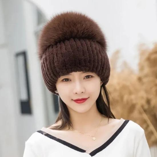 New Outdoor Good Elastic Natural Rex Rabbit Fur Hat Women Winter Knitted Real Sliver Fox Fur Cap Lady Real Fur Hats