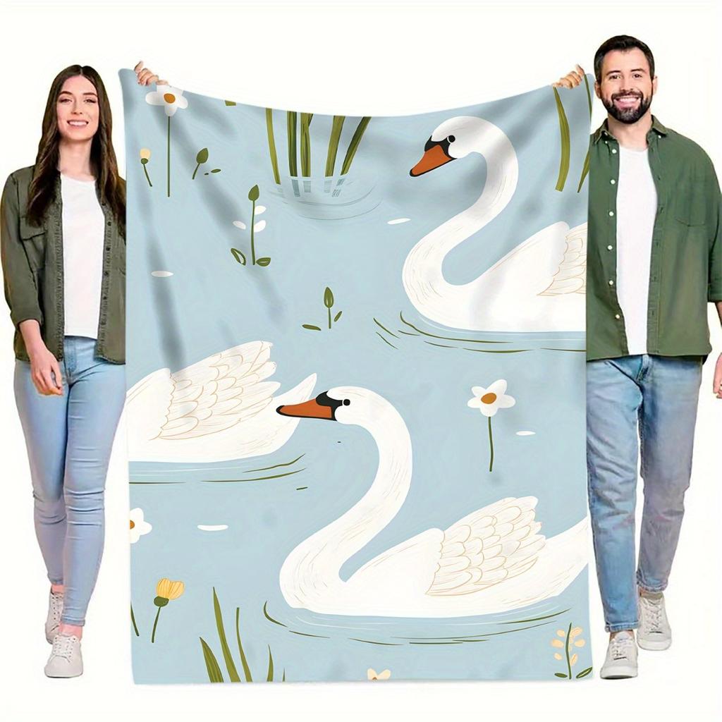 1pc Flannel Blanket - Soft All-Season Lightweight Throw with Elegant Swan Lake Design In White, Green, Blue - Perfect for Home,