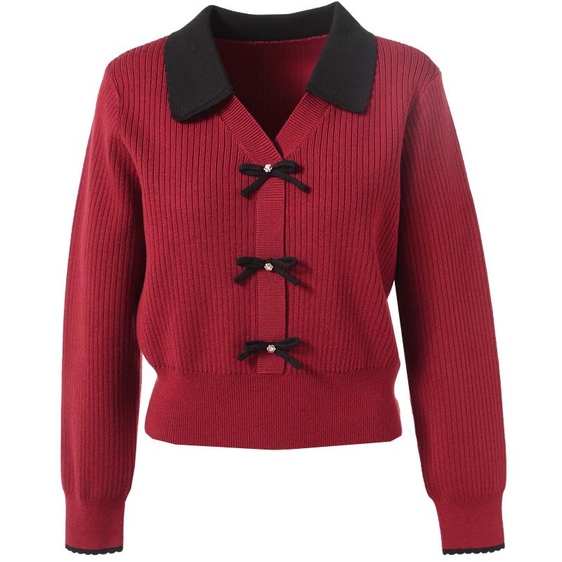 Betu Women s Autumn Color-block Lapel Knit Sweater M
