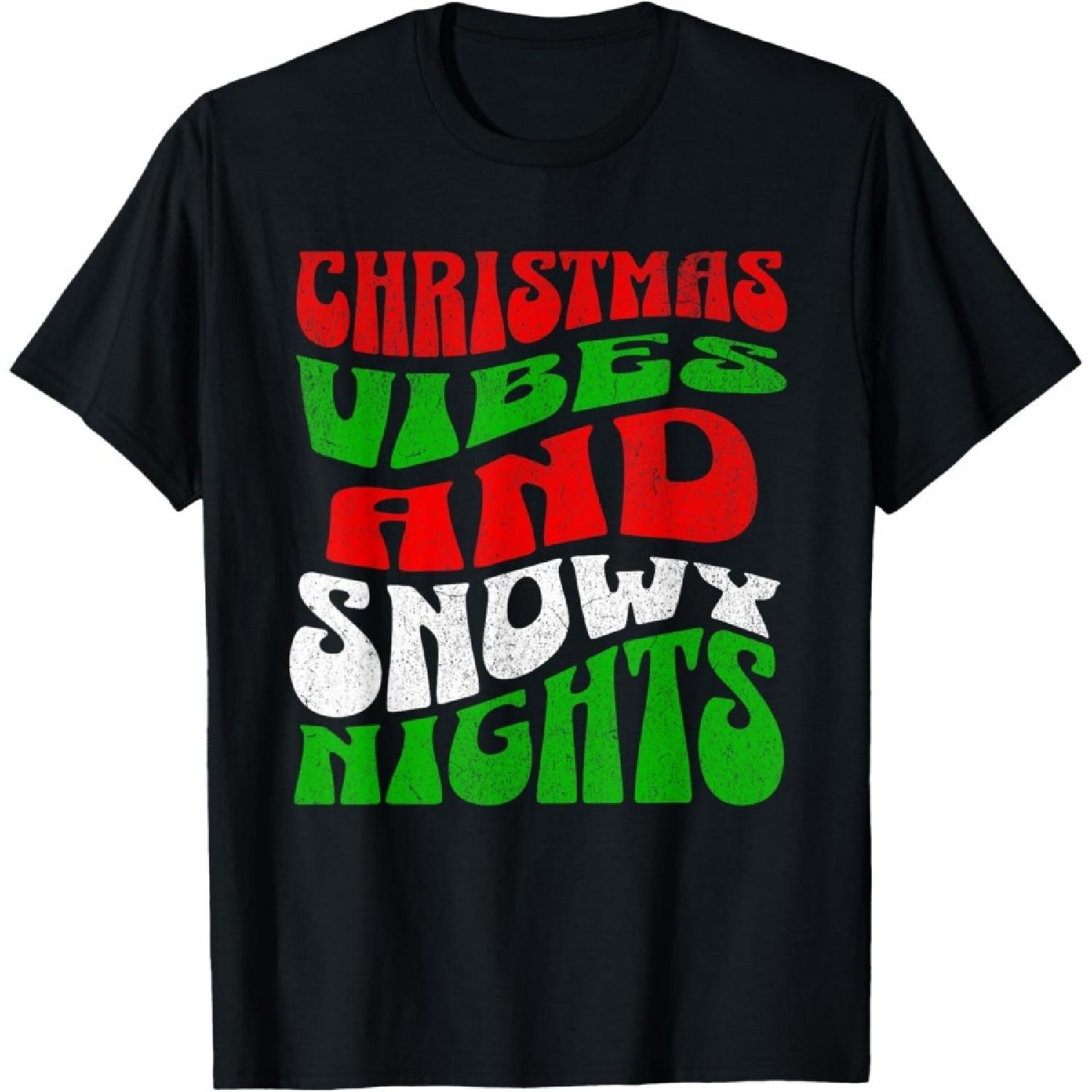 Vintage Christmas Vibes Snowy Nights 60s 70s Wavy Text T-Shirt S