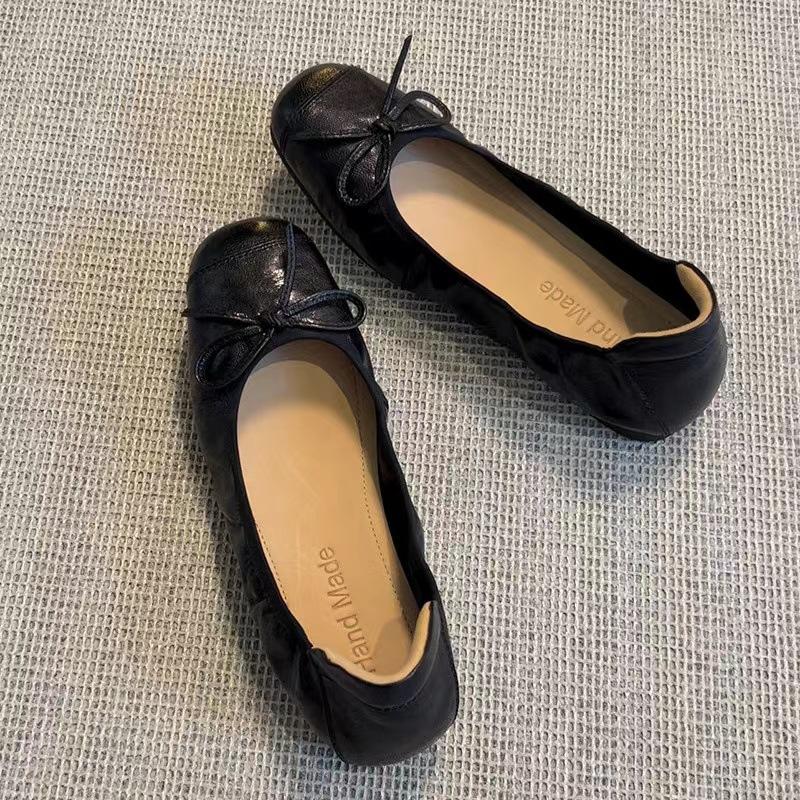 Women Ballet Flats 2026 Autumn Round Toe Bow Casual Shoes High Quality Sheepskin Comfortable Outdoor Low Heel Shoe Zapatos Mujer