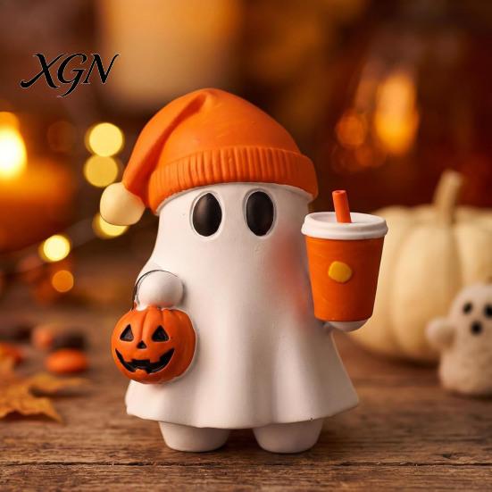 Milchtee Geist Geschenk Halloween Figur, Niedliche Lese Statue, Ornament mit Harz Sammlerstück Kürbis Eimer, Skelett Welpe Tischdeko