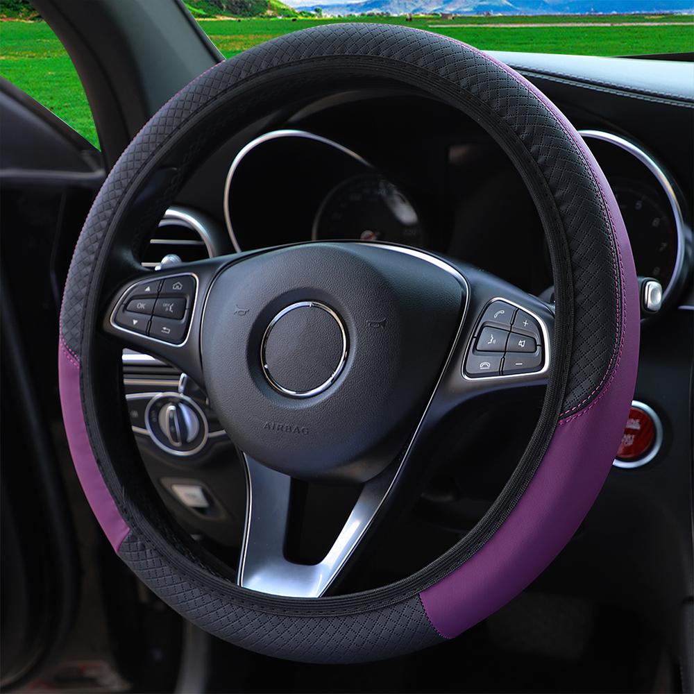 A PU leather plaid emboweled ultra-thin stretch car steering wheel cover without inner rim fits 14.5- to 15-inch car interiors