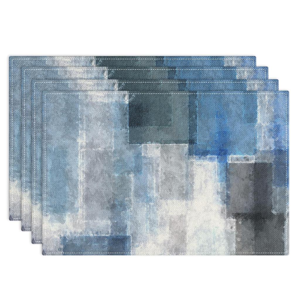 Farmhouse Placemats Set of 4, 12x18 Inch Modern Teal and Grey Abstract Art Painting Table Mats for Outdoor Home Party Kitchen Dining Decoration