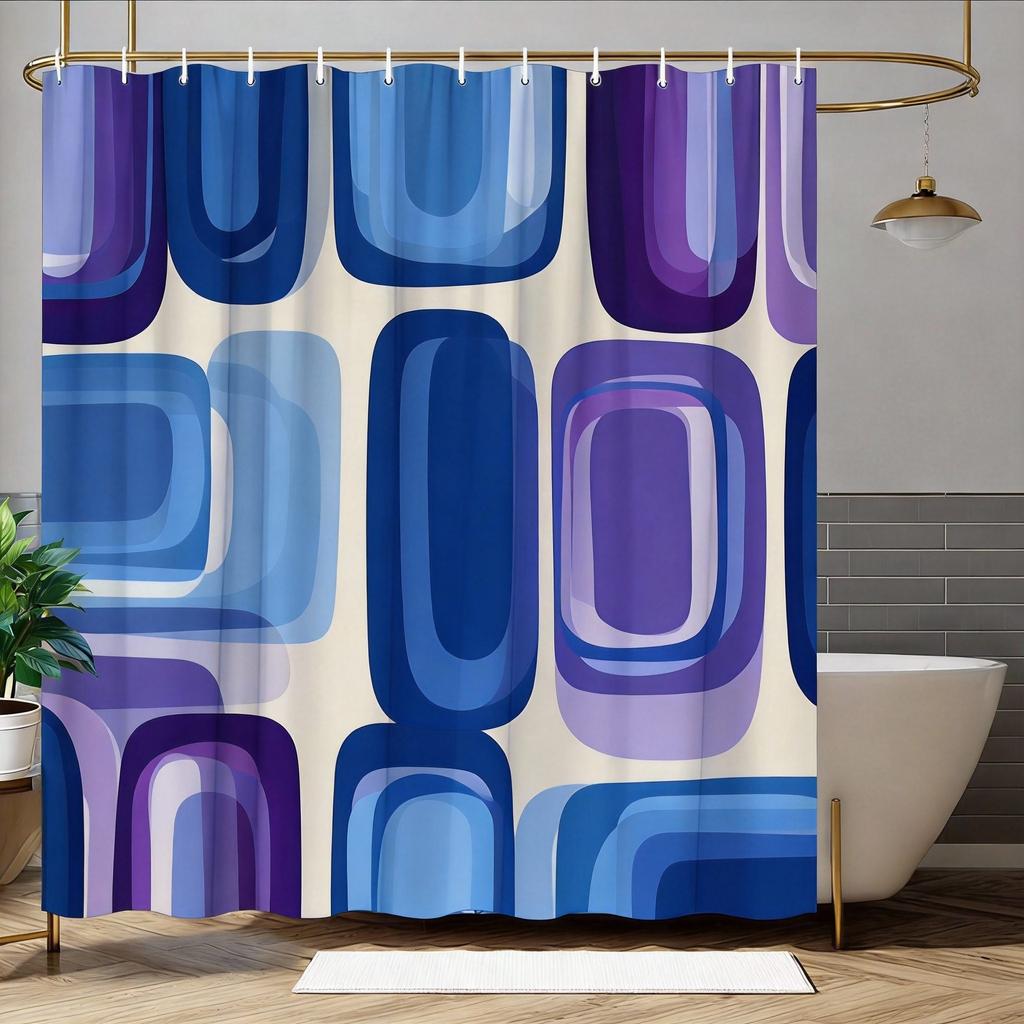 Retro Geometric Shower Curtain Layered Green & Brown Shapes, Mid-Century Modern Bath Curtain for Vintage and Boho Bathroom Decor