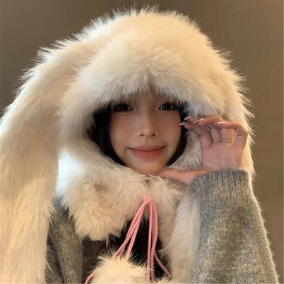 Furry Plush Hooded Hat Adult Lovely Balaclava Hat with Long Rabbits Ear 2000s Teens Girl Winter Warm Scarf Hat Daily Use