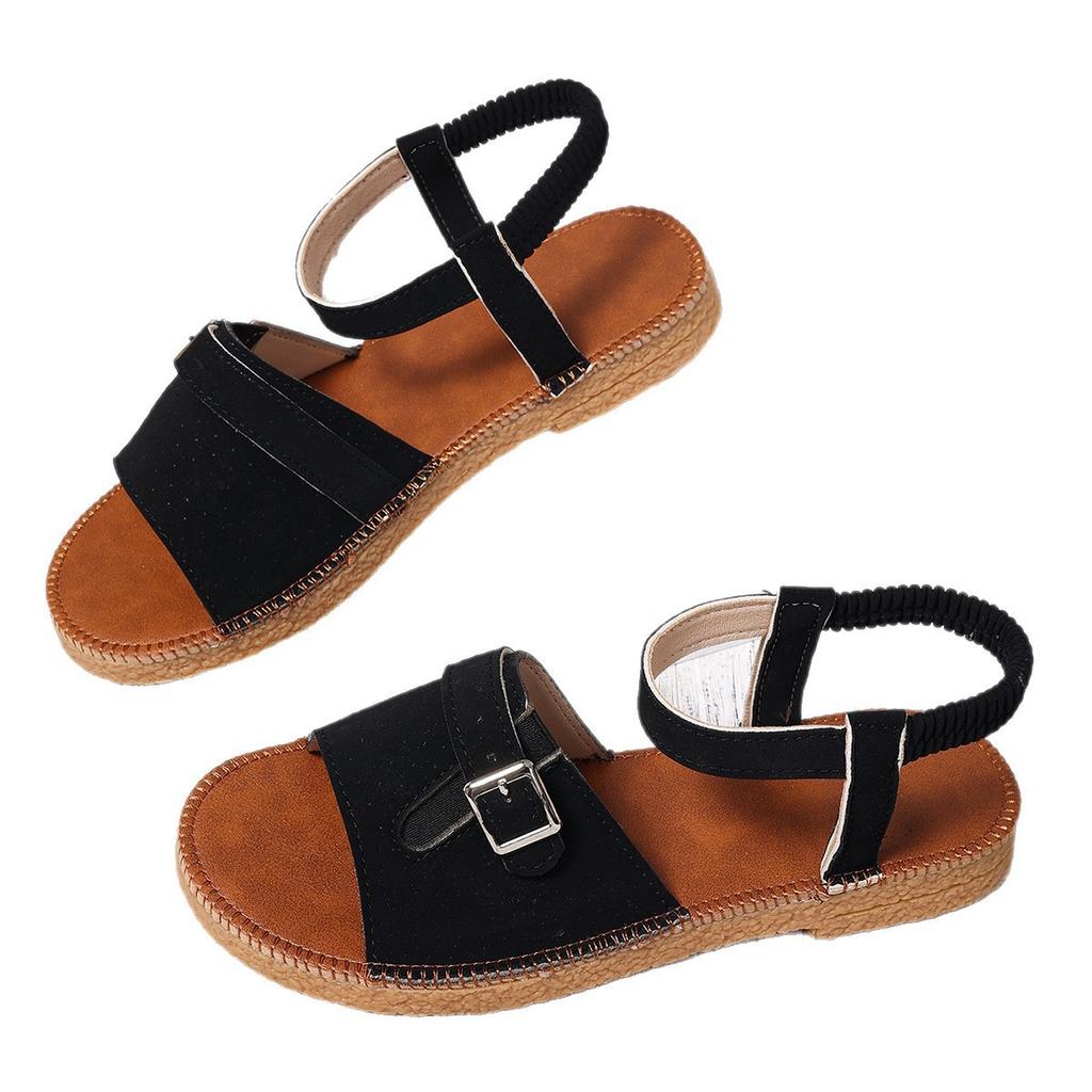 Foreign trade large size buckle flat bottom open toe casual sandals women 2025 summer elastic soft bottom beach sandals wish