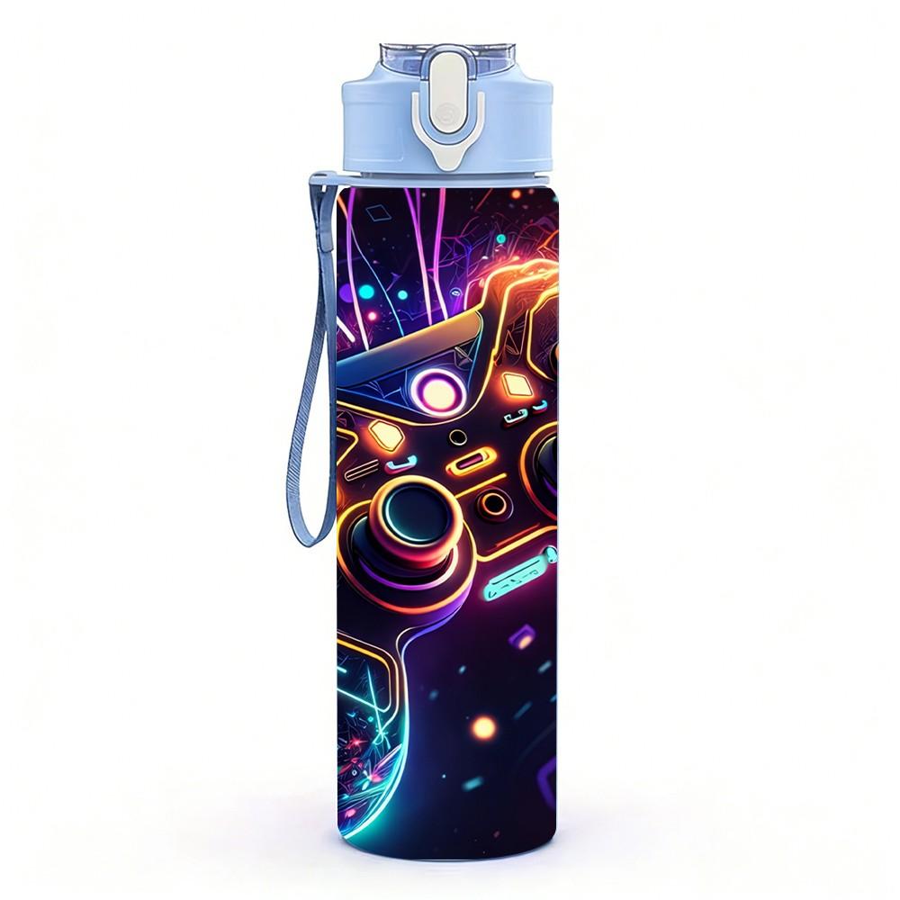 1PC Neon Game Controller Gaming Theme Art 750ml Color Plastic Sports Water Bottle Leakproof Flip Straw Lid Suitable for Sports Office Home Use