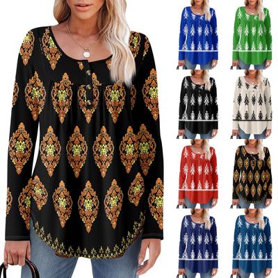 Women's Long Sleeve Tunic Loose Tops Casual Oversized Tops Pleated Tunic Button Down Casual Women's Print Tops