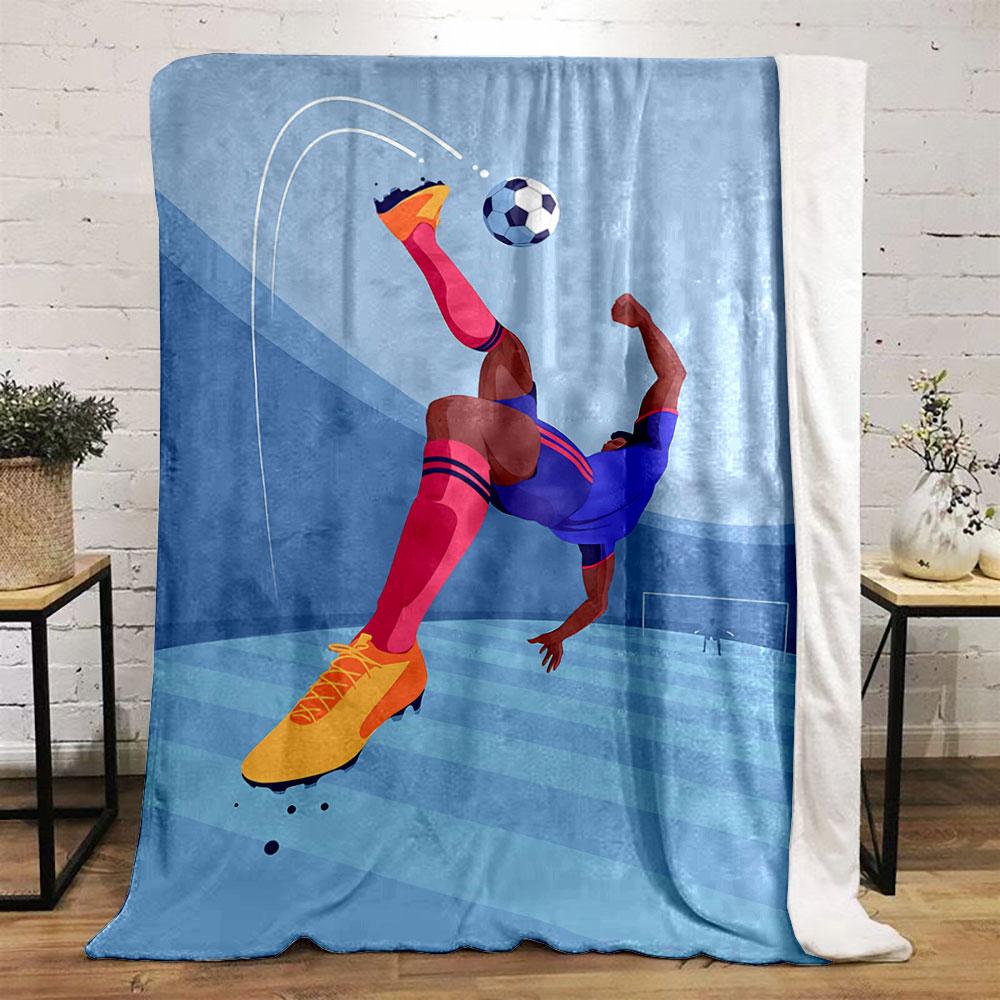 A soccer player performs an acrobatic kick, striking the ball mid-air. for all seasons blanket lunch break throw gift
