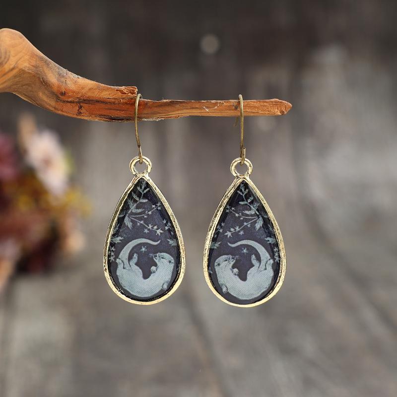 

Vintage Gold Color Metal Water Droplet Paste Animal Patterns Dangle Earrings for Women Jewelry