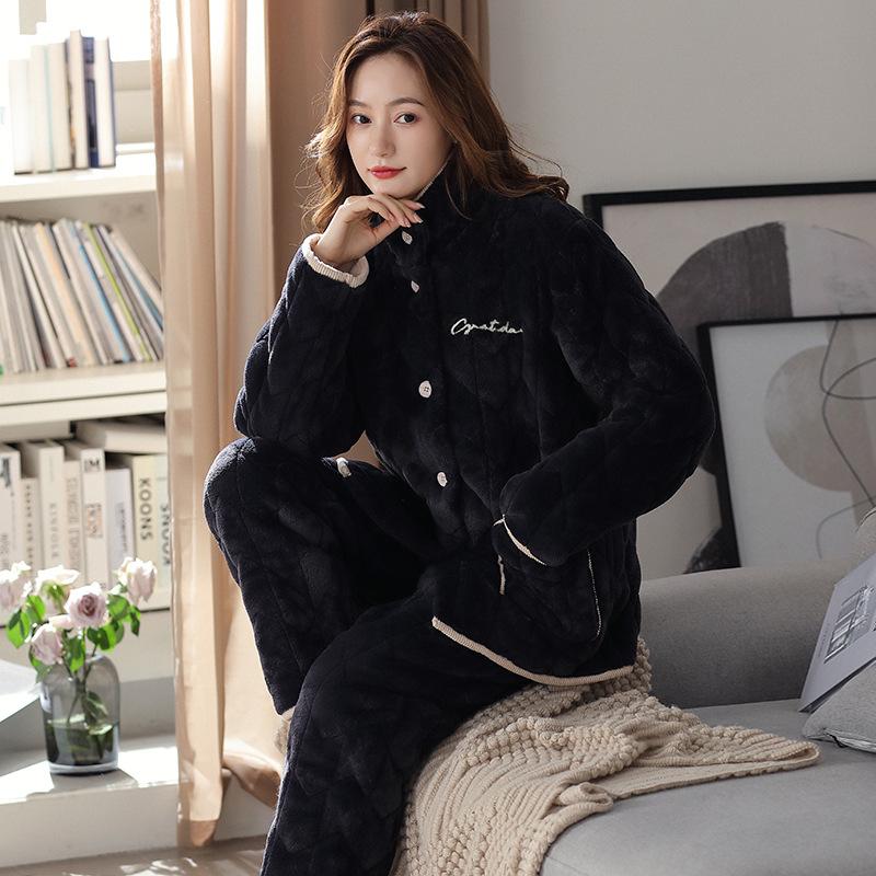 Coral Fleece Pajamas Women'S Winter Fleece Thickened Three-Layer Padded Set Women'S Thermal Loungewear