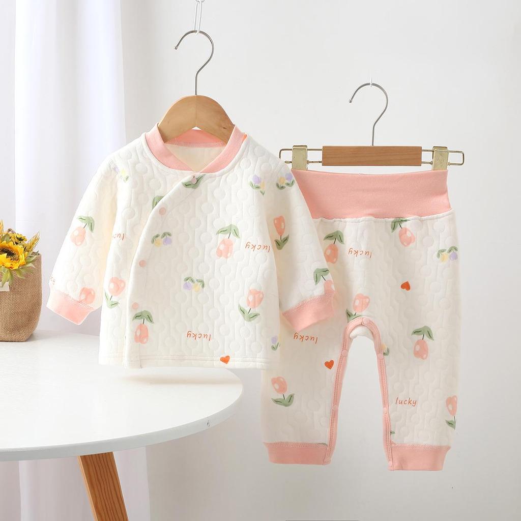 Noworodkowy Pikowany Bawełniany Zestaw Ciepłej Bielizny z Wysokim Stanem na Jesień/Zimę