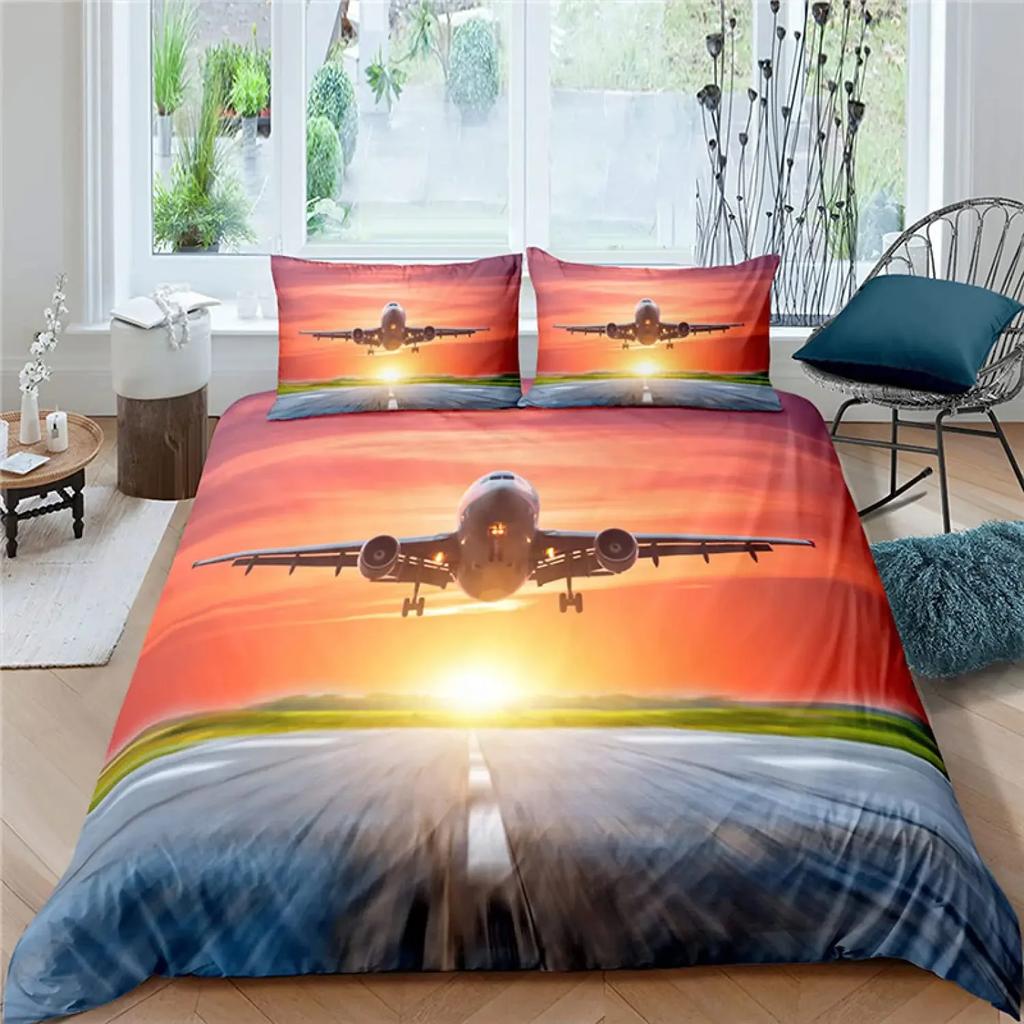 Airplane Duvet Cover Set Sky Cloud Polyester Comforter Cover For Kids Teens Adults Bedding Set King Queen Size With Pillowcase