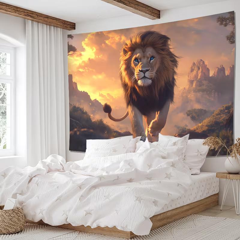 2D Epic Sunset Lion Savanna Tapestry Majestic Wild Animal Wall Decor Cloth for Home & Bedroom