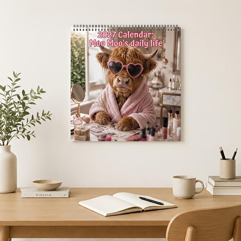 Highland Cow In Robes 2027 Hanging Desk Calendar Coil Bound Large Lightweight Planner Nail Free Mount Office Home Birthday Holid