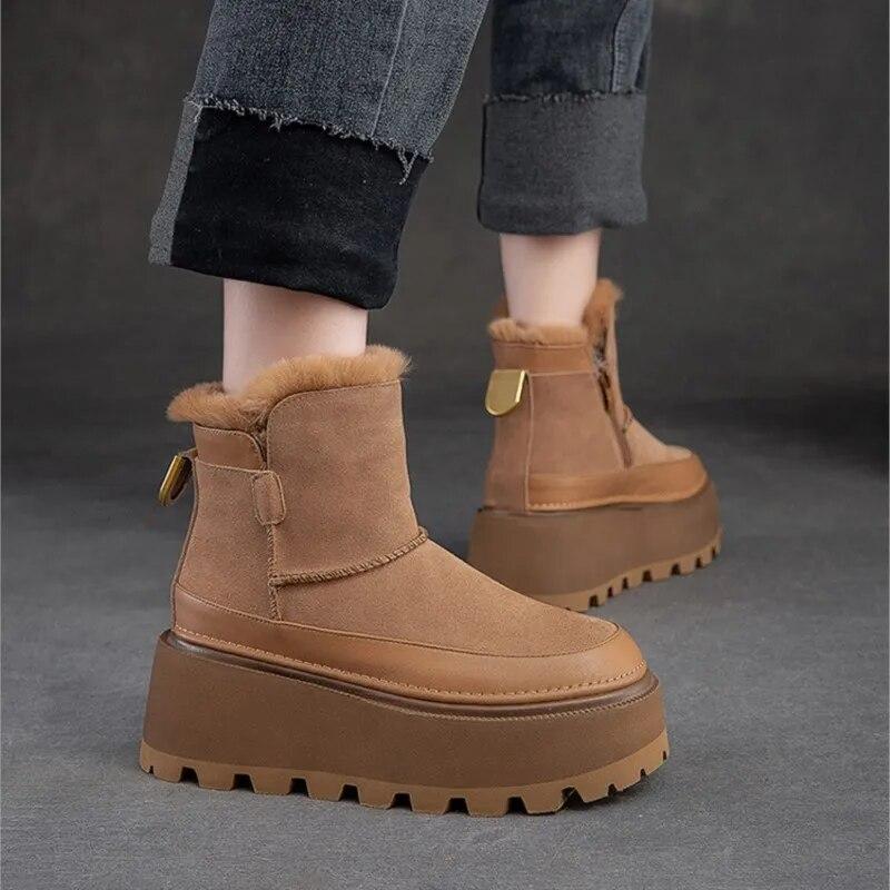 Johnature Thick Sole Snow Boots With Plush Warm Side Zipper Versatile Retro Solid Color Women's Shoes