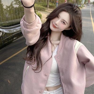 Women's Versatile Pink Age-Reducing Baseball Jacket - Spring/Autumn 2025 Casual Loose Outerwear Trendy Niche Style