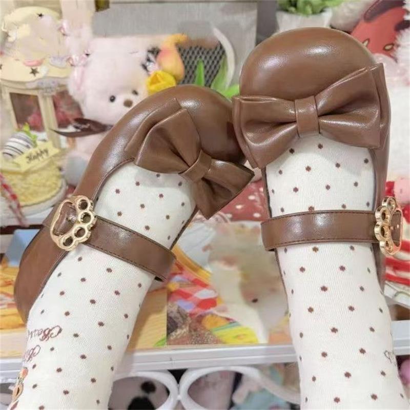 Round Head Lolita Shoes Low Heel Women's Single Shoes Bow Sweet and Cute Kapibara Jk Uniform Shoes with Skirt