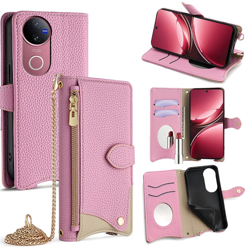 For vivo V50 5G Wallet Case Fishtail Design Leather Phone Cover with Mirror/Stand/Strap
