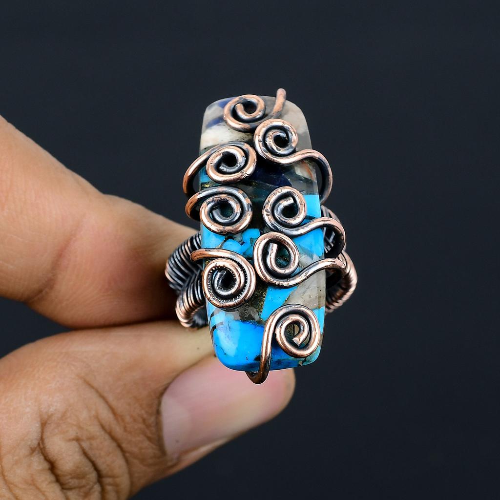 Natural Spiny Oyster Gemstone Handmade Copper Wire Wrap Gift Ring Size 7 e4F72