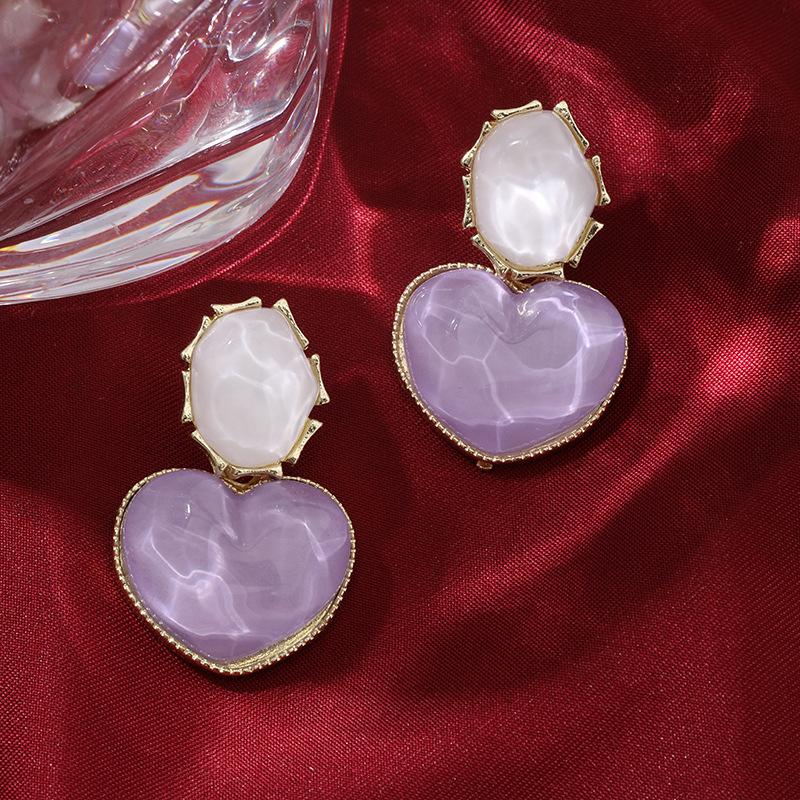 Autumn and Winter Blue Color-Block Water Ripple Heart Vintage Geometric Peach Heart Unique Light Luxury Design Earrings