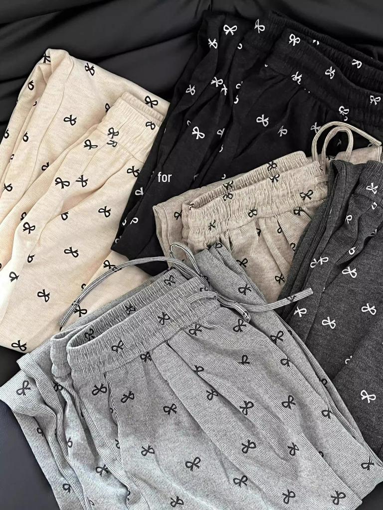 Petite Korean Bow Wide Leg Printed Pants - Slimming Drape Design for Spring/Autumn