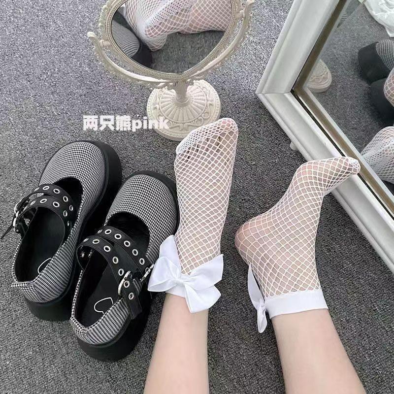 Mesh fishnet socks, short socks, sexy large bow fishnet stockings, European and American style mid-calf socks Butterfly net socks