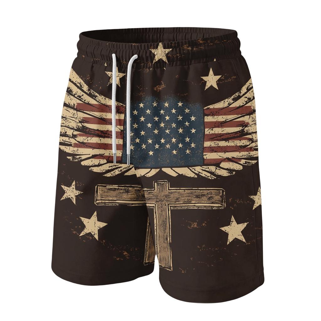 Men's Independence Day Print Drawstring Shorts - Elastic Waist Casual Summer Beach Shorts