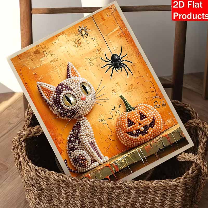 Halloween Cat and Pumpkin Pearl Painting Art Full Pearl Handmade Diy Home Decorations