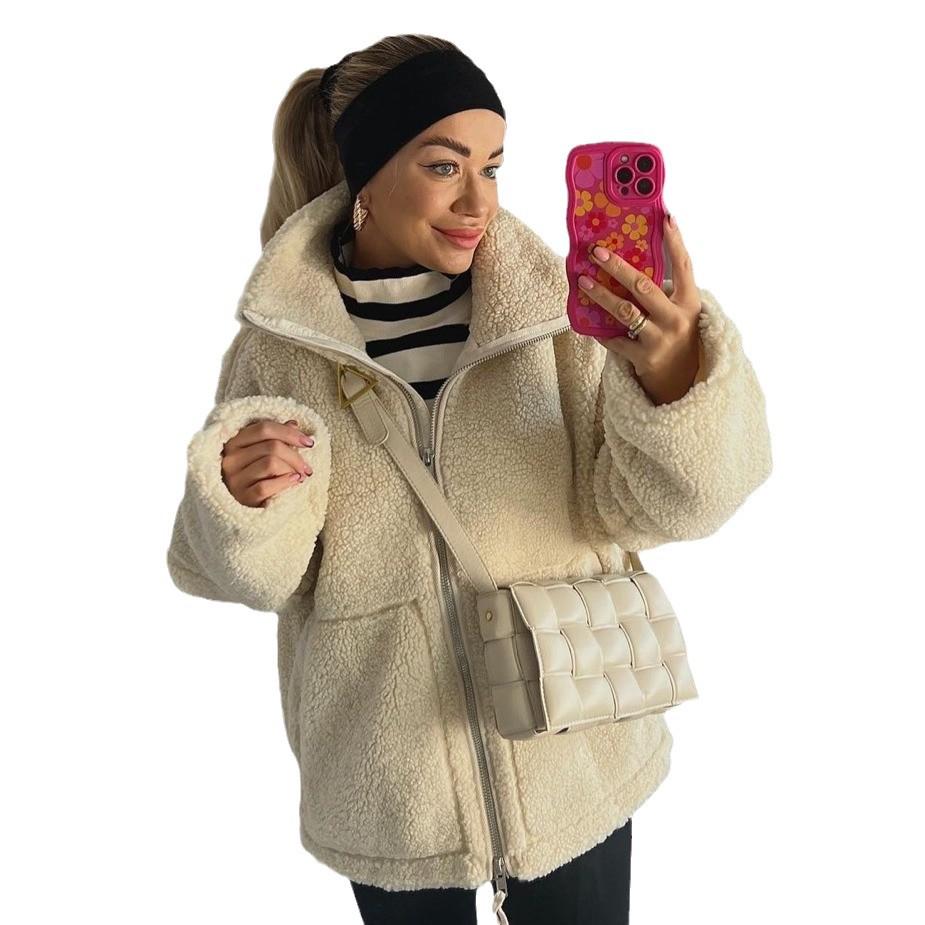 2024 Women's European & American Solid Color Lamb Wool High Collar Coat for Autumn/Winter