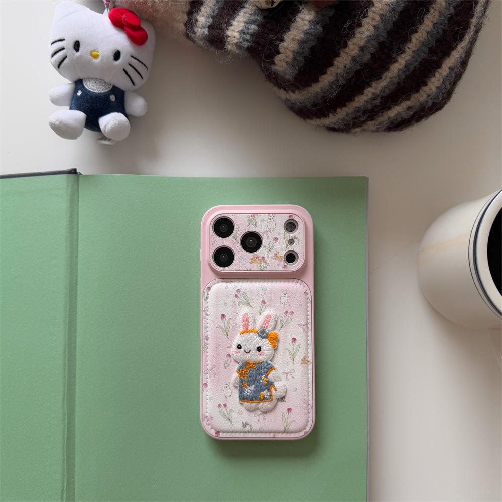 Large Window Rabbit Embroidery iPhone 15/14 Pro Max Anti-Fall Case