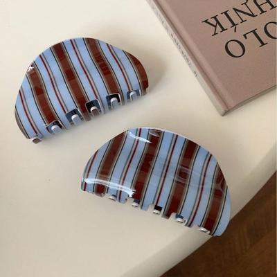1Pc Korean Version of The New Blue Coffee Striped Series Hair Claw Acrylic Clip Retro Girl's Back of The Head Hair Disc Hair Claw