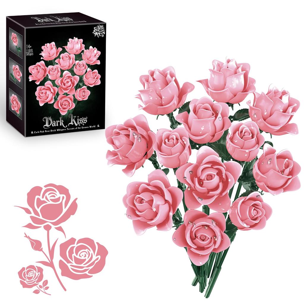 Pink Roses Bouquet Building Set, Artificial Flowers Botanical Collection Blocks Kit DIY Fake Roses for Adults Women Valentines & Mother's Day
